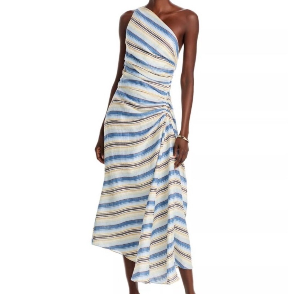 A.L.C. Carolyn One Shoulder Midi Dress Women 8 Blue Striped Ruched Asymmetrical